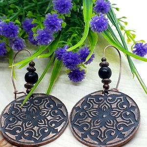 Antique copper pendant drop earrings with copper spacers and black wooden accent